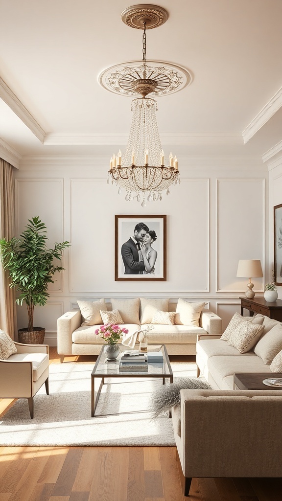 A beautifully decorated living room featuring a chandelier, soft furniture, and a romantic atmosphere.