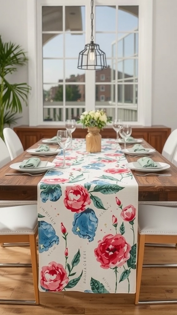 A beautifully decorated table with a floral table runner, elegant glassware, and a simple centerpiece.