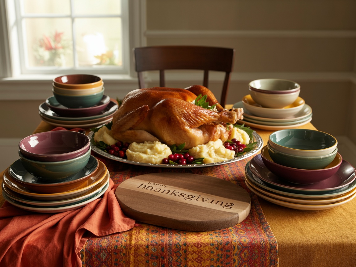 A beautifully arranged Thanksgiving table featuring a colorful floral table runner, autumn leaves in vases, and elegant dishware.