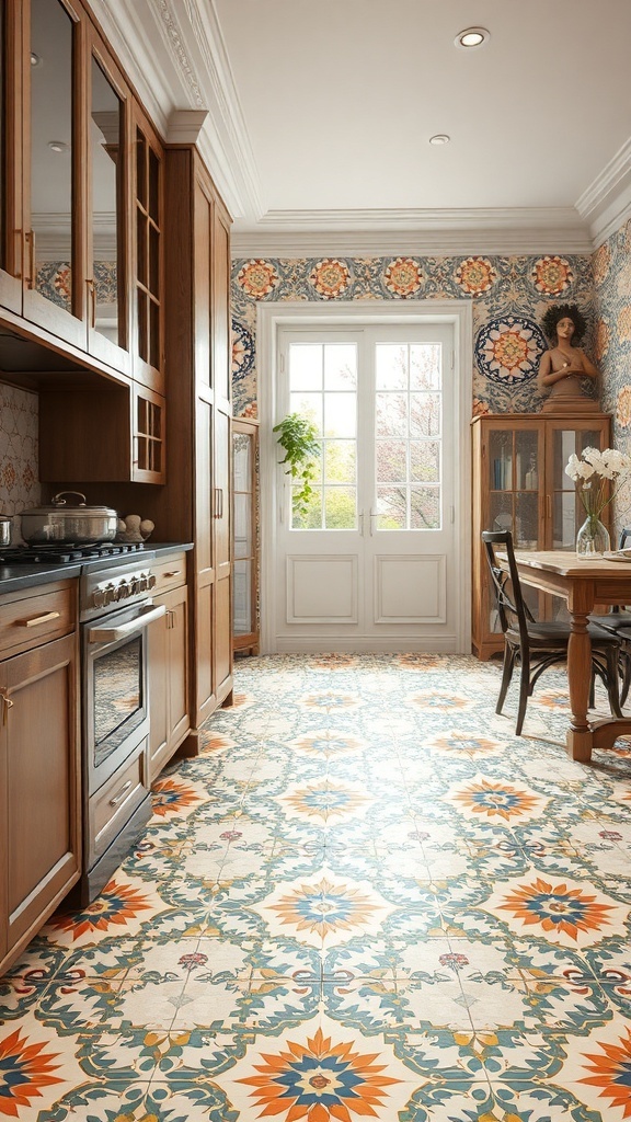 A colorful kitchen with artistic tile patterns on the floor and walls, featuring wooden cabinets and a bright atmosphere.