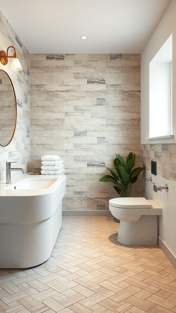 A stylish basement bathroom featuring artistic tile patterns with herringbone flooring and natural stone wall tiles.
