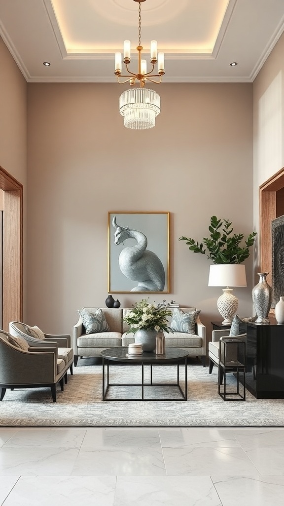A stylish foyer featuring a sculpture, elegant furniture, and decorative plants.