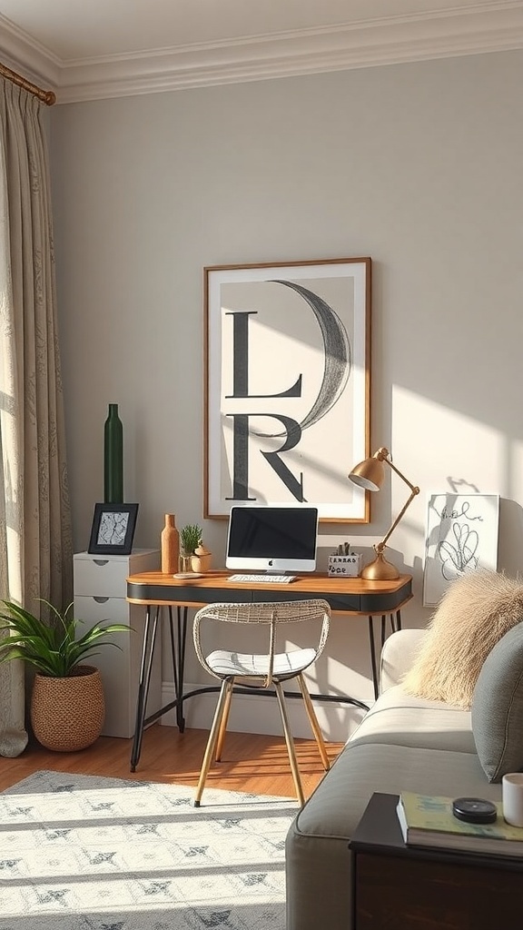 A small desk setup featuring a stylish desk, computer, decorative items, and plants.
