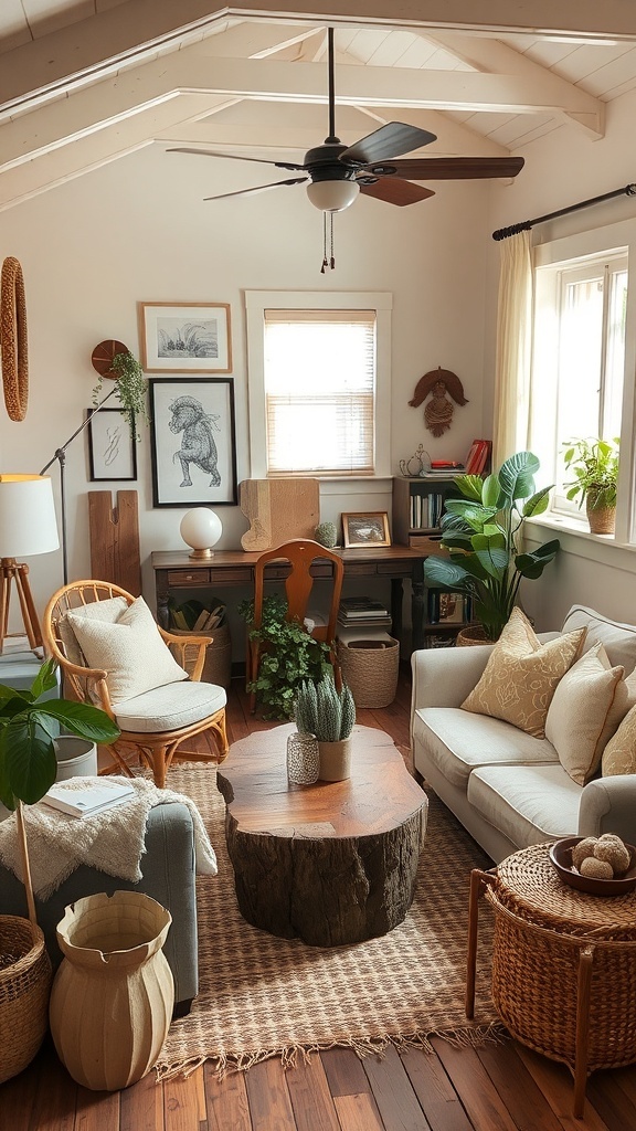 A cozy cottage living room with a wooden coffee table, plants, and artistic wall decor.