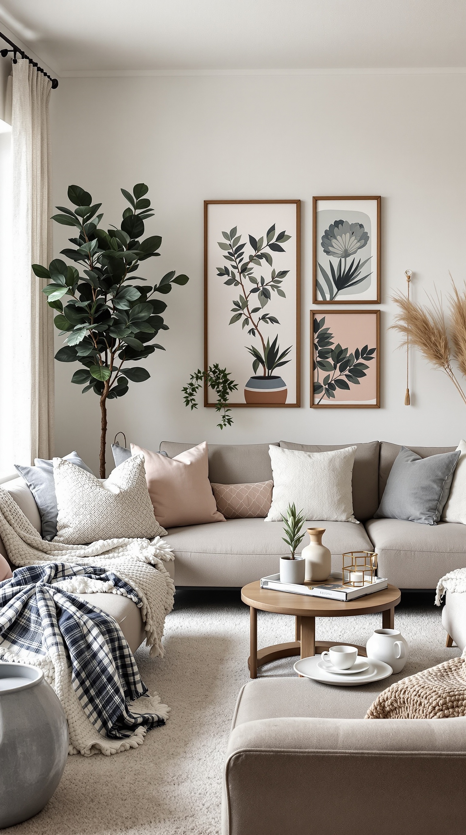 A cozy family room featuring soft cushions, framed botanical art, a tall plant, and a stylish coffee table.