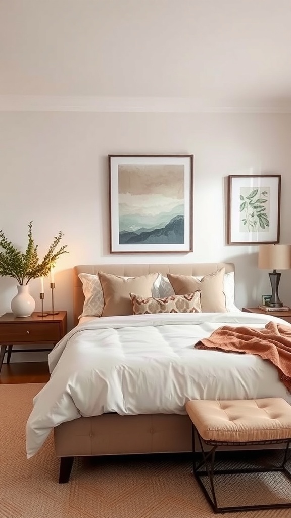 A neutral bedroom featuring soft tones, framed artwork, and natural elements.