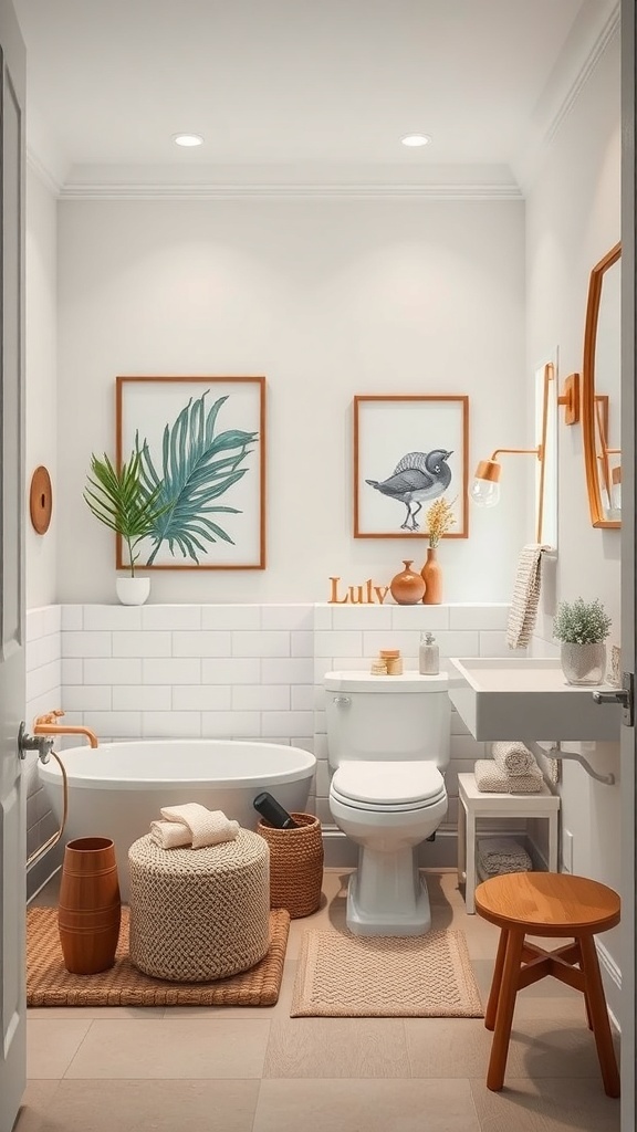 A stylish guest bathroom featuring framed artwork, a potted plant, and natural decor elements.
