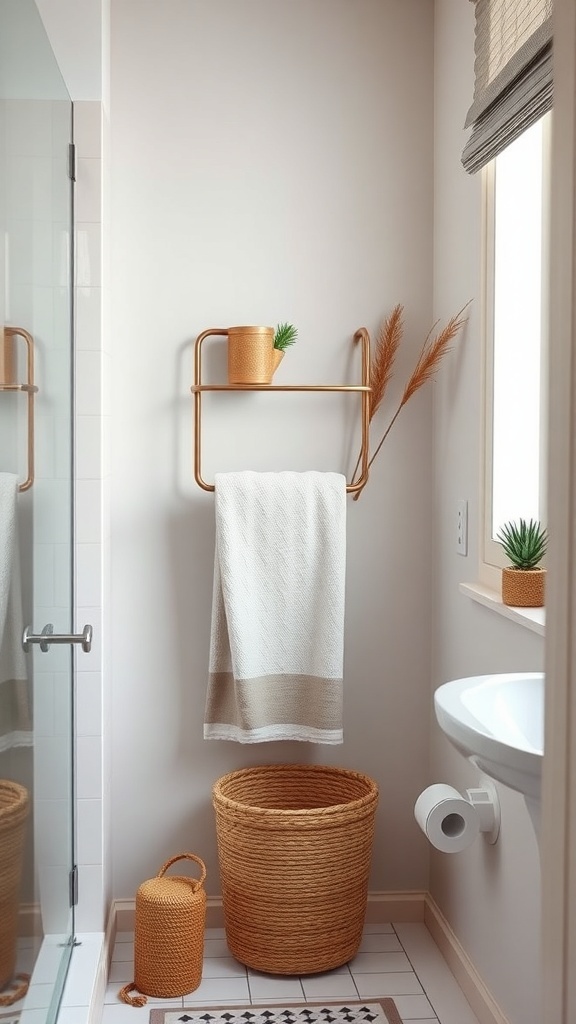A modern bathroom featuring a stylish towel rack, potted plants, and woven storage baskets.