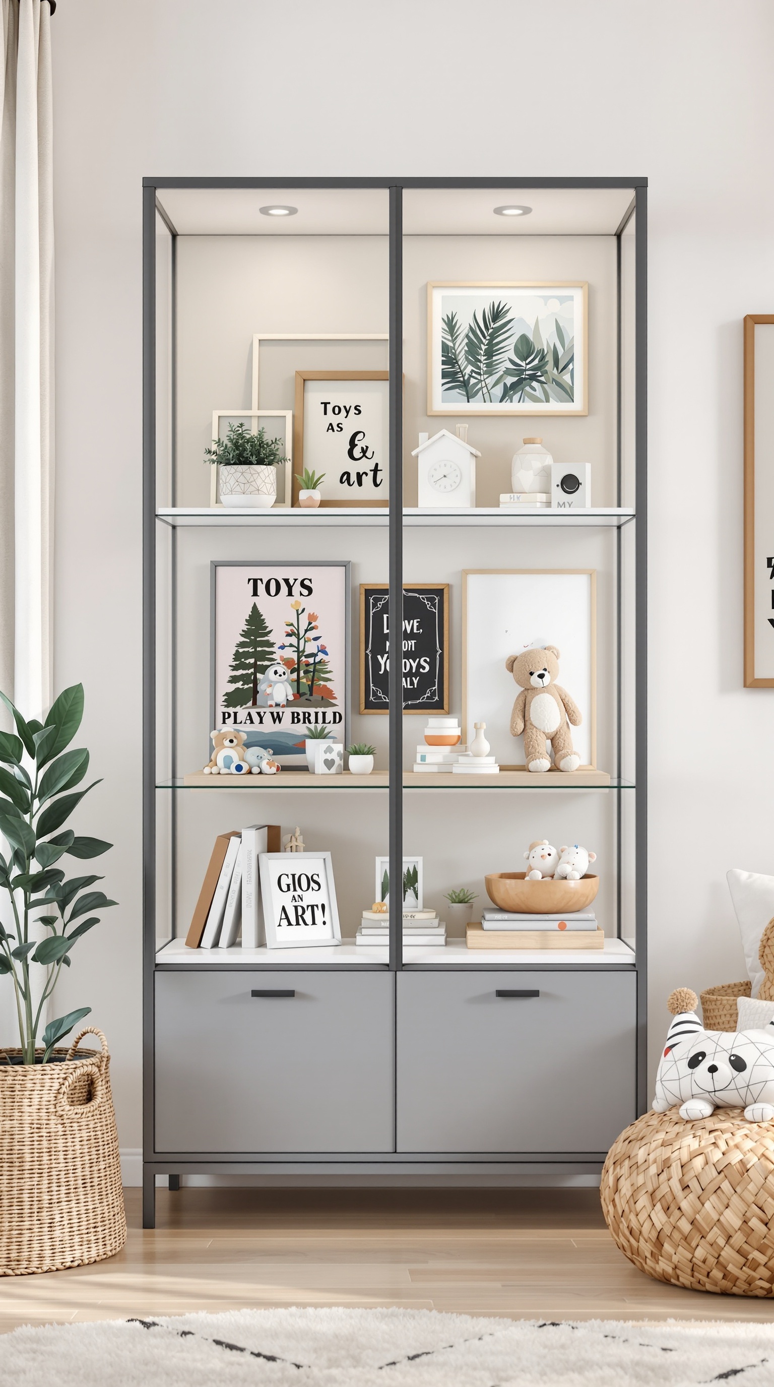 Stylish shelving unit displaying toys and art pieces in a modern setting.