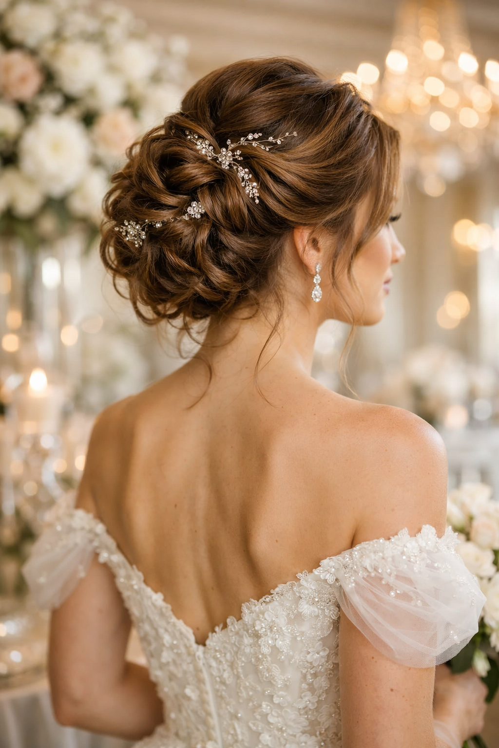 A bride with artistic twisted curls adorned with glittering hair accessories, showcasing an elegant wedding hairstyle.