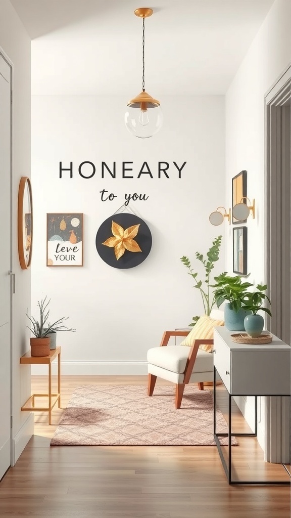 A stylish entryway featuring wall decals, plants, and modern decor.