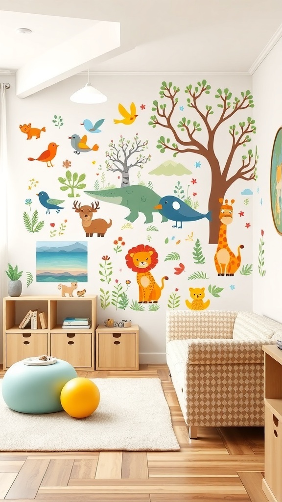 A wall decorated with colorful animal-themed decals, featuring a lion, giraffe, birds, trees, and plants.