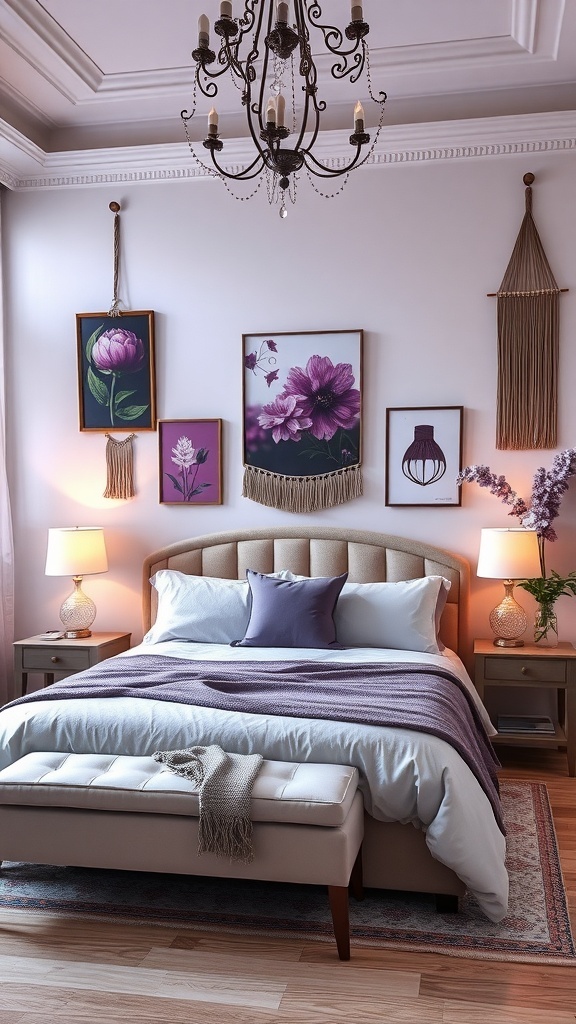 A romantic purple bedroom featuring floral wall art, a cozy bed with purple accents, and warm lighting.