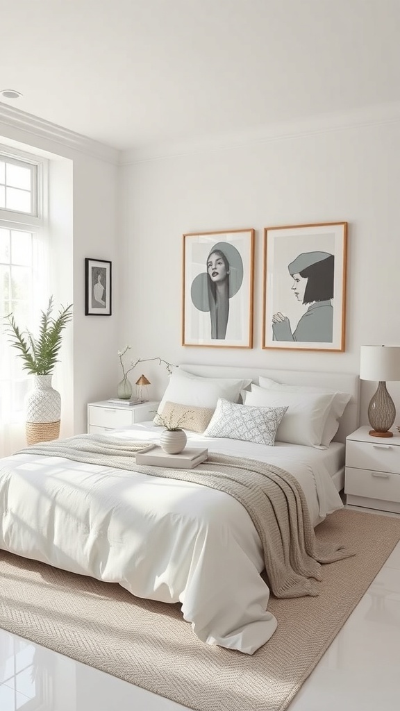 A bright bedroom with white walls, featuring two framed artworks, a cozy bed with a textured blanket, and a plant in the corner.