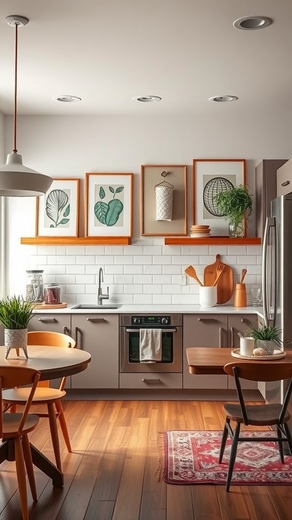 Mid-century modern kitchen with artistic wall decor featuring botanical prints and plants on wooden shelves.