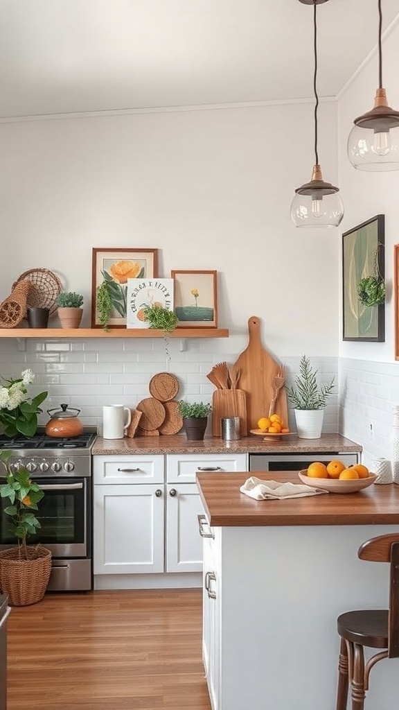 A cozy kitchen with artistic wall decor, featuring framed art, plants, and wooden accents.