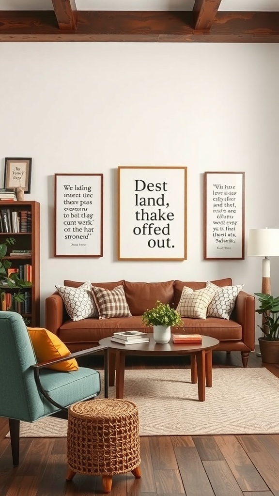 Cozy reading room with artistic wall decor featuring framed quotes and a comfortable seating area.