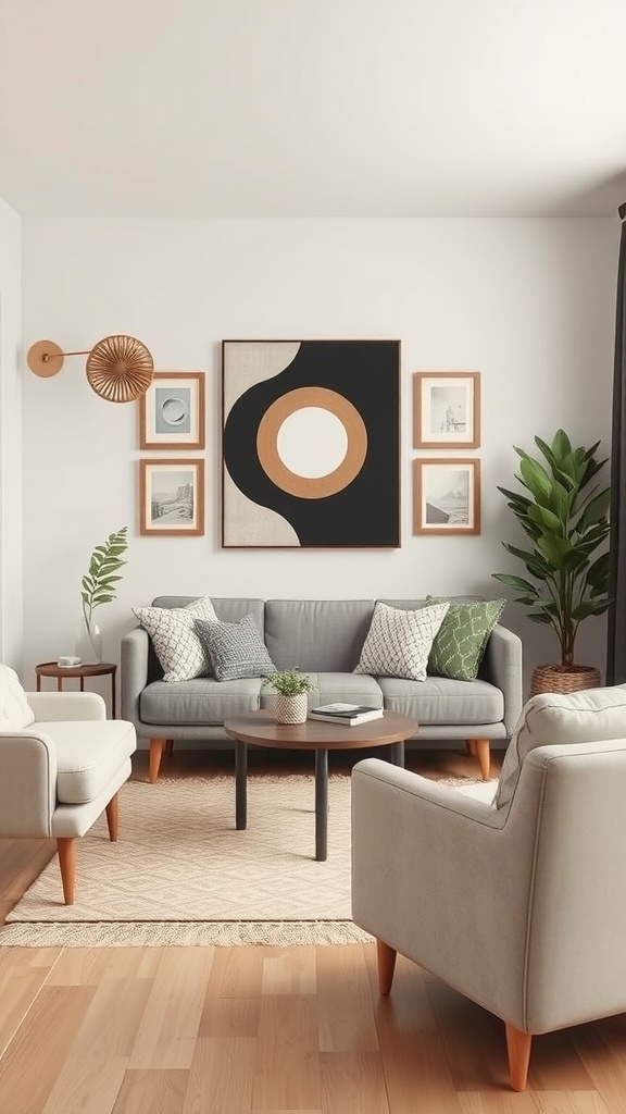 A small lounge room with artistic wall decor, featuring a large central artwork and smaller framed pictures.