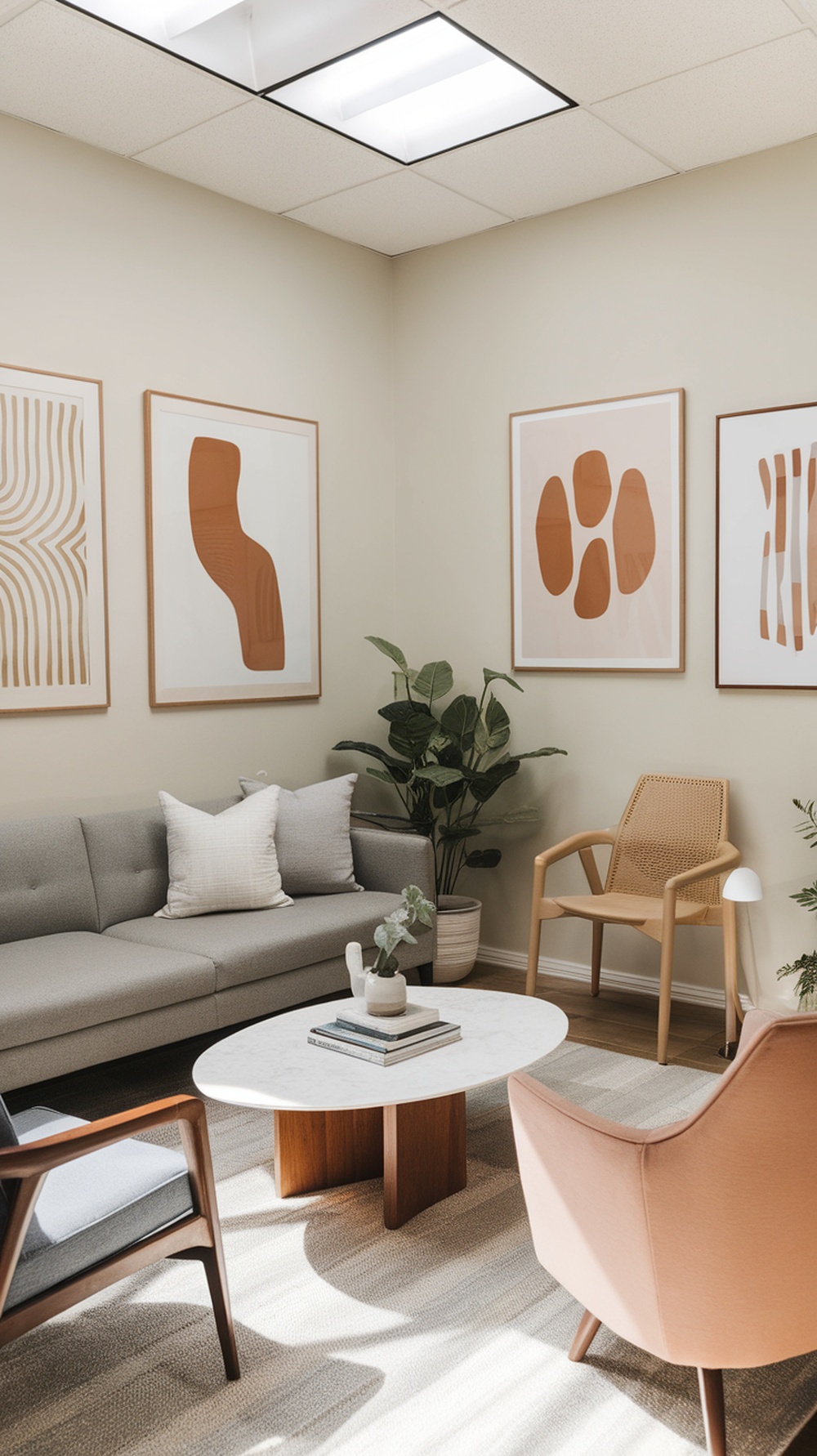 A cozy therapist office with artistic wall decor, featuring abstract framed artworks, a comfortable sofa, and plants.