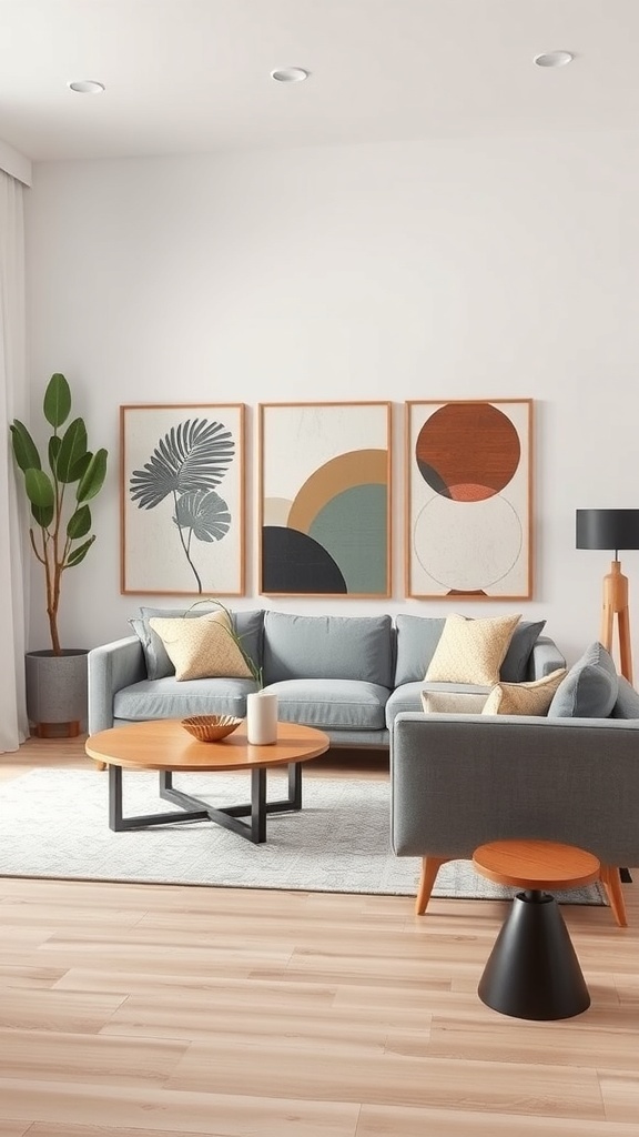 A cozy mid-century modern living room featuring artistic wall decor with geometric and organic shapes.
