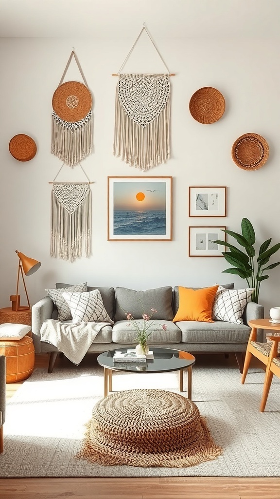 Cozy boho living room with artistic wall decor including macramé hangings and framed artwork
