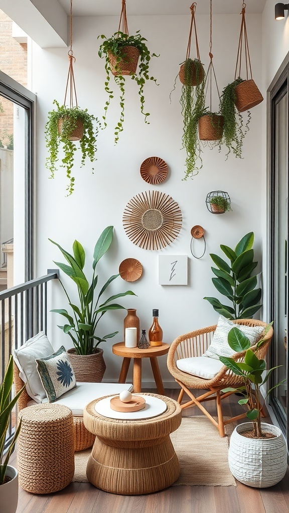 A cozy balcony featuring artistic wall decor, including hanging plants and woven baskets.