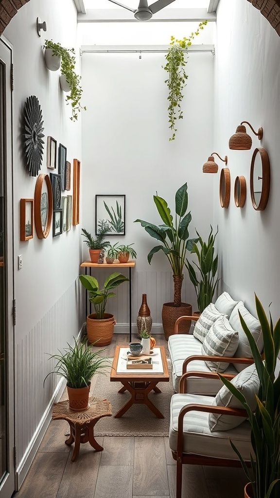 A narrow balcony with wall decor, plants, and cozy seating.