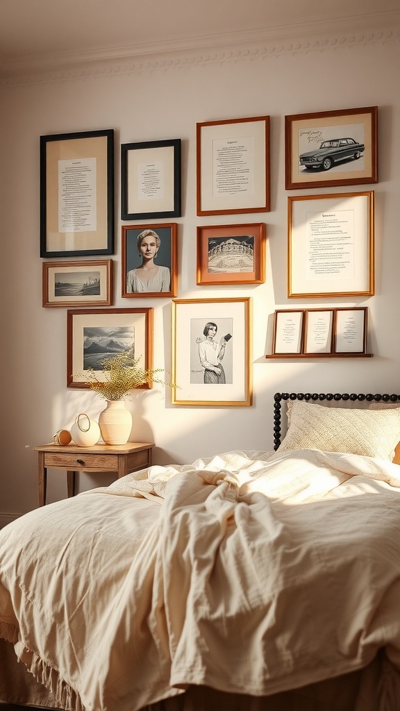 Artistic wall gallery featuring framed art and poetry in a cozy bedroom setting