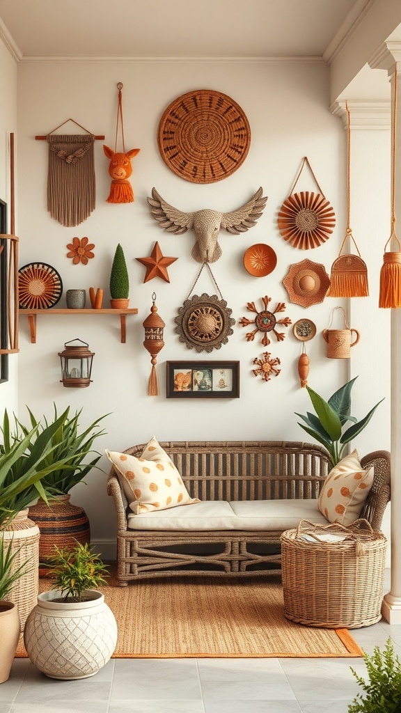 A cozy porch with artistic wall hangings, featuring woven baskets, decorative stars, and plants.