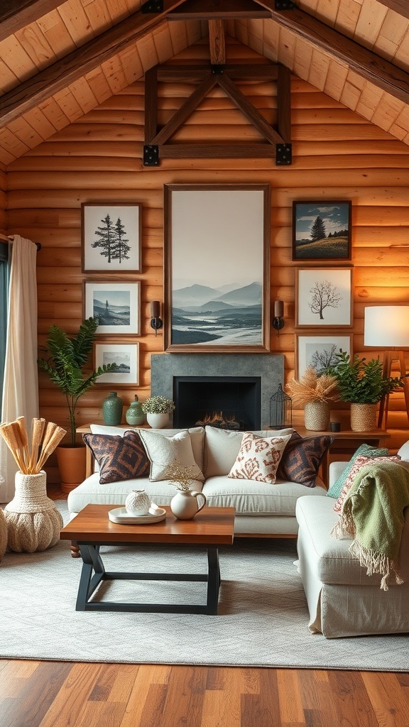 Cozy cabin living room with artistic wall hangings showcasing nature-themed artwork.