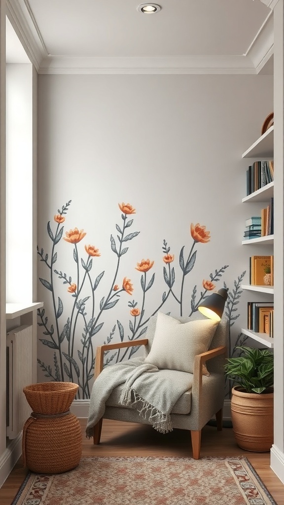 Cozy reading nook with a floral wall mural, a comfortable chair, and bookshelves.