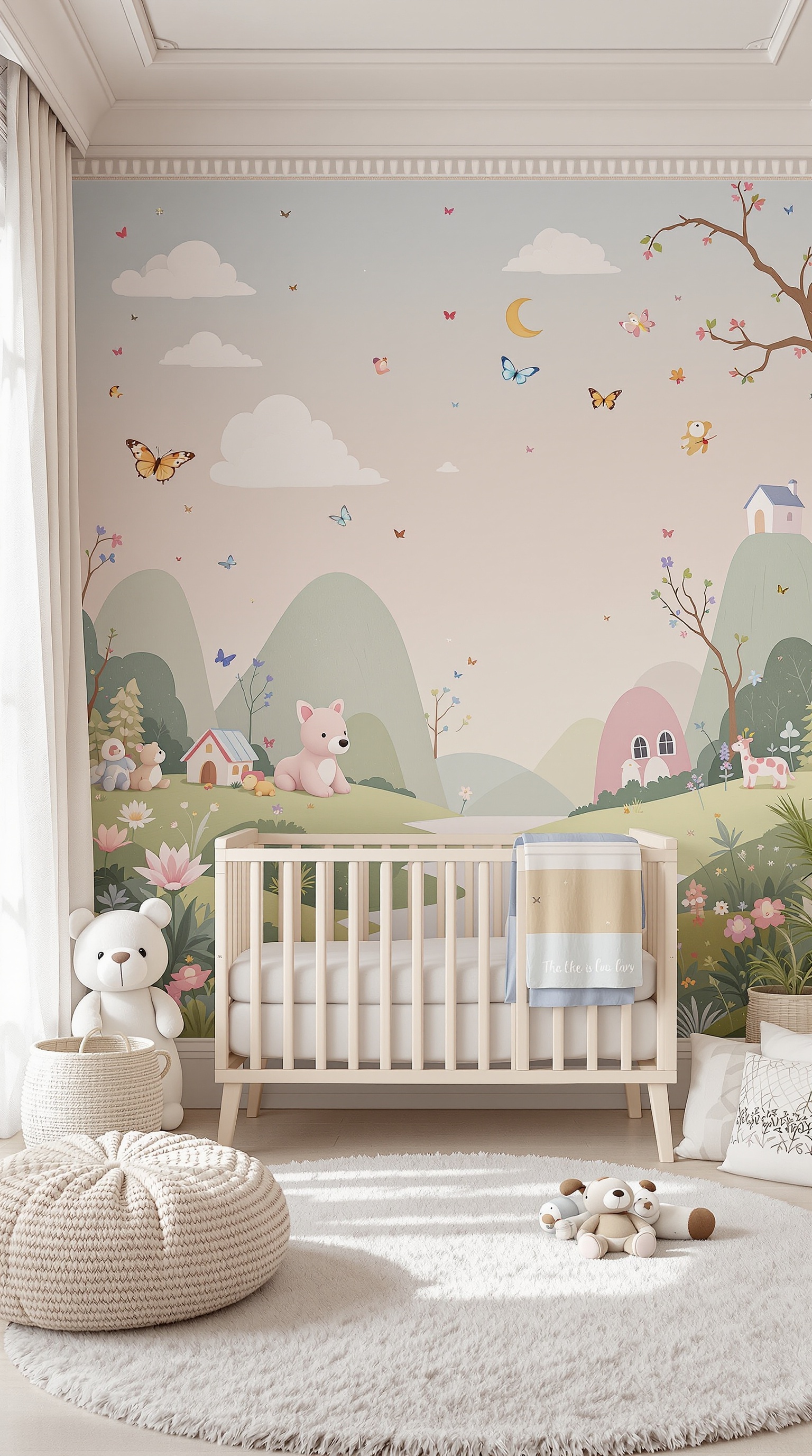 A luxury baby room featuring a charming mural with animals, butterflies, and a serene landscape.