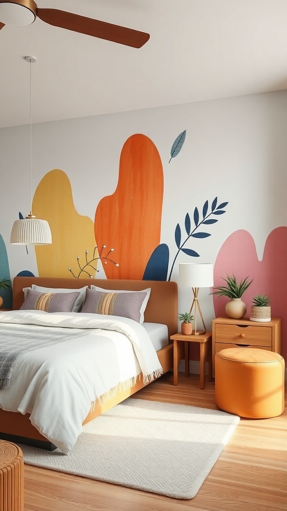 A modern bedroom with a colorful wall mural featuring organic shapes and warm colors.