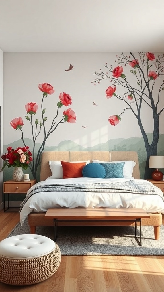 A romantic bedroom with a floral wall mural, cozy bed, and soft decor.
