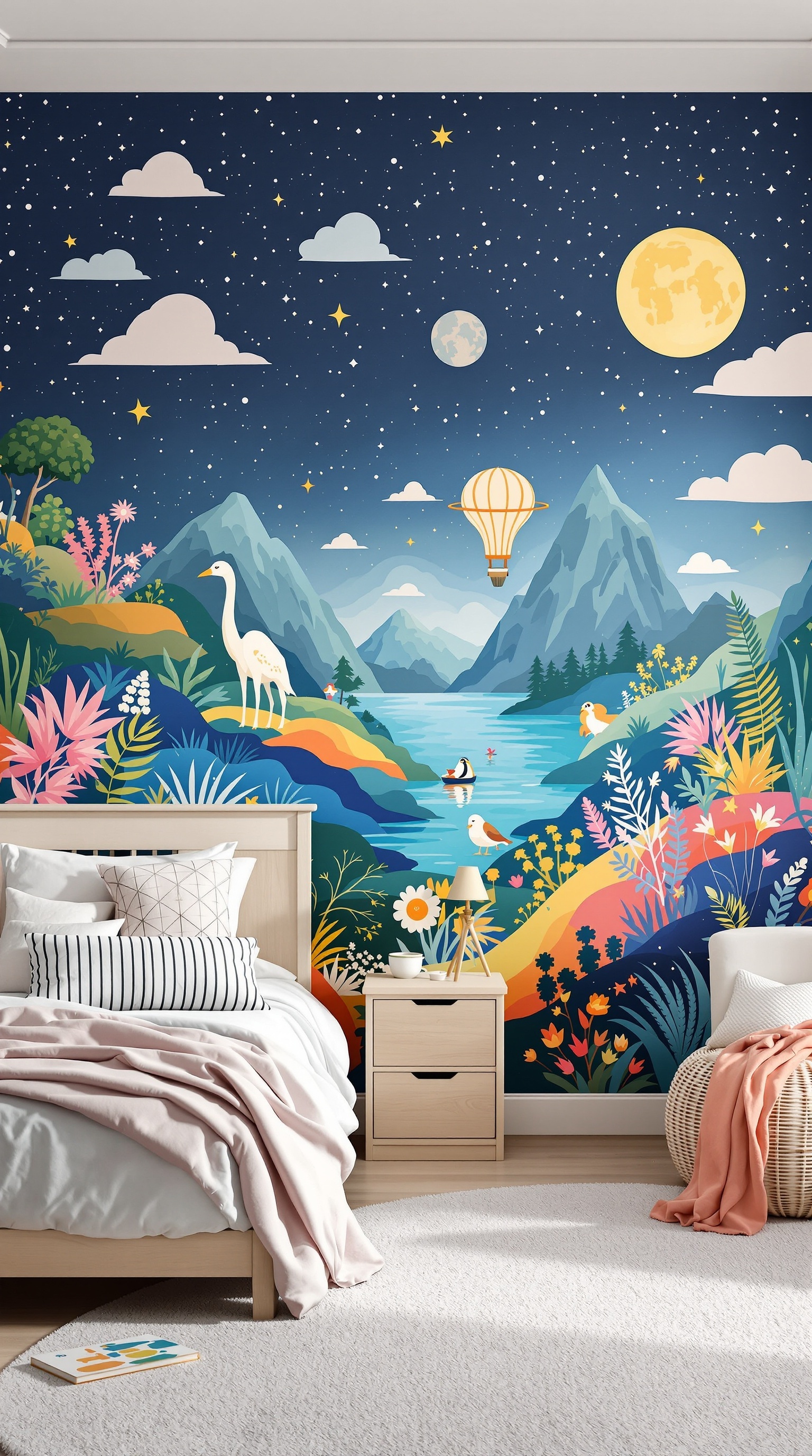 A colorful wall mural featuring mountains, a river, and wildlife in a kids' bedroom.