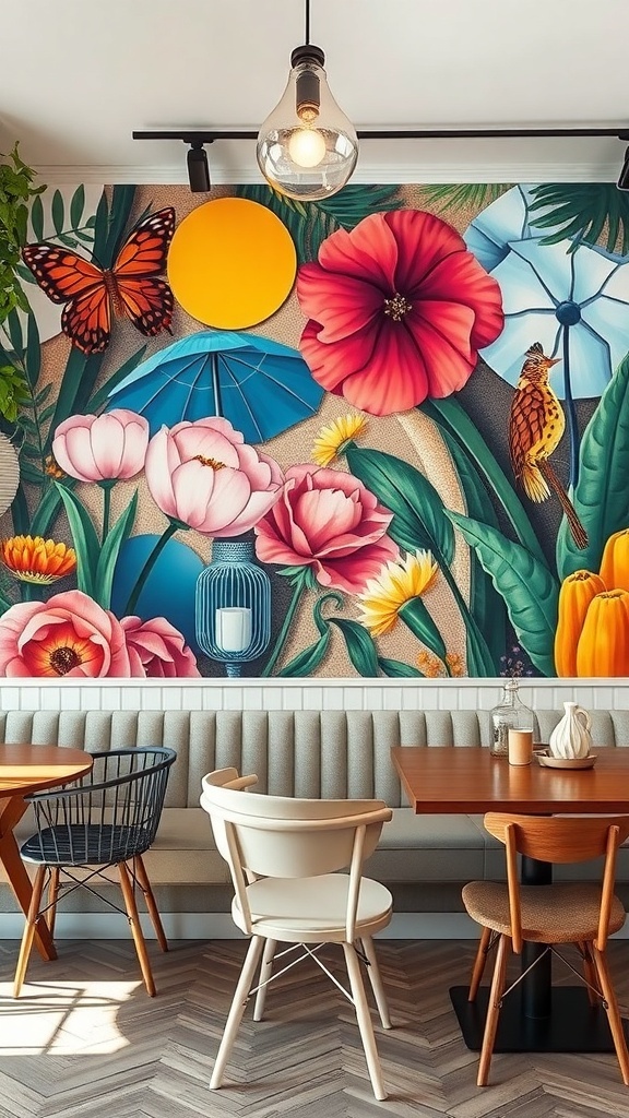 A cozy cafe interior featuring a vibrant wall mural with flowers, butterflies, and umbrellas.