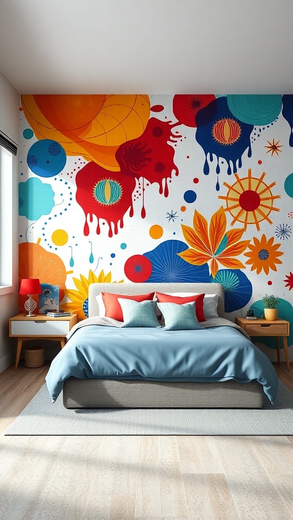 A colorful wall mural in a teen bedroom featuring abstract designs and vibrant colors.