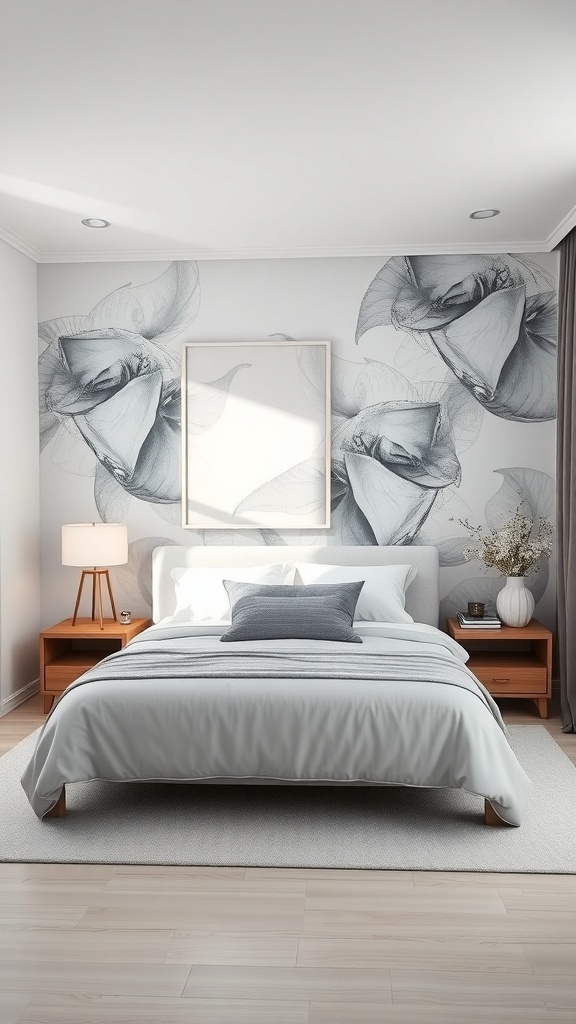 A grey and white bedroom featuring a floral wall mural, a bed with a grey and white spread, and wooden nightstands.