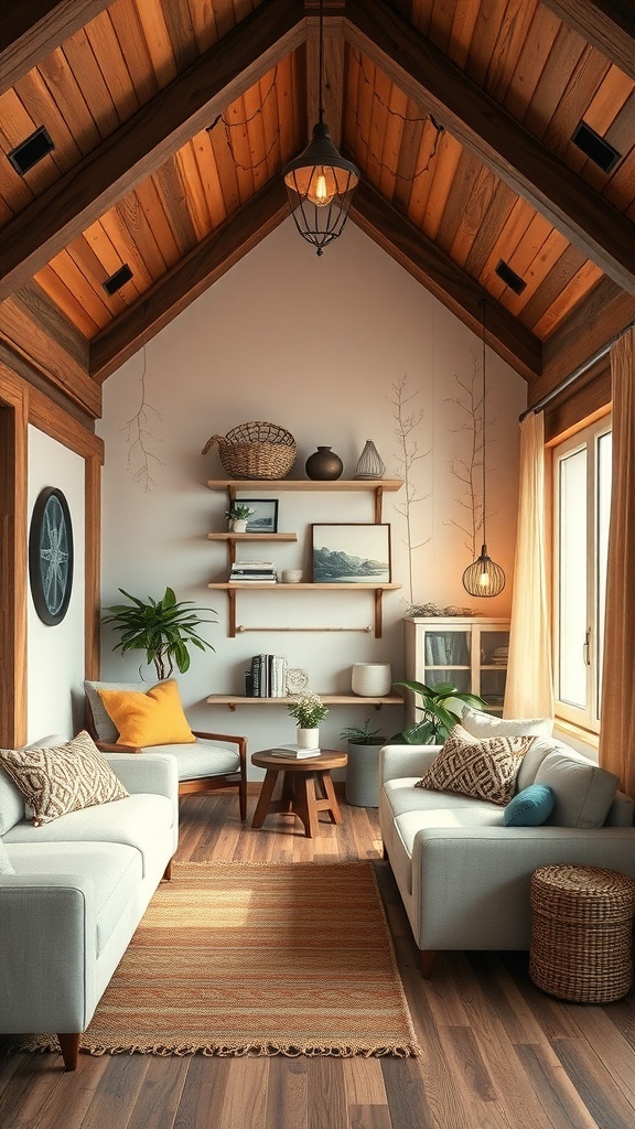 Cozy living area in a tiny cabin with wooden ceiling, shelves, and decorative cushions.
