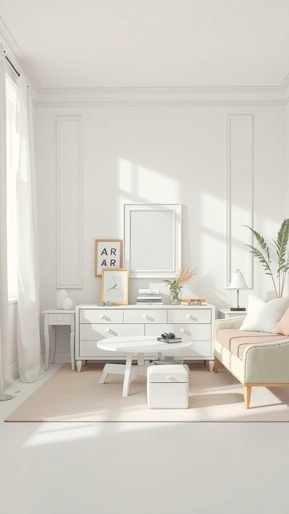 A bright and airy bedroom featuring white furniture, including a dresser, coffee table, and a cozy sofa.