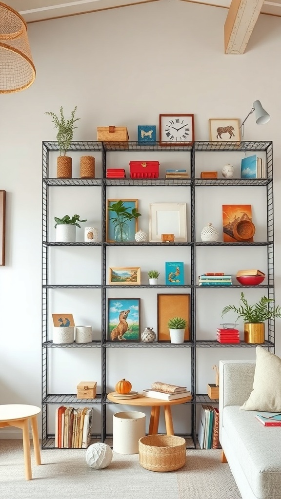 Artistic wire shelves filled with plants, books, and colorful decor.