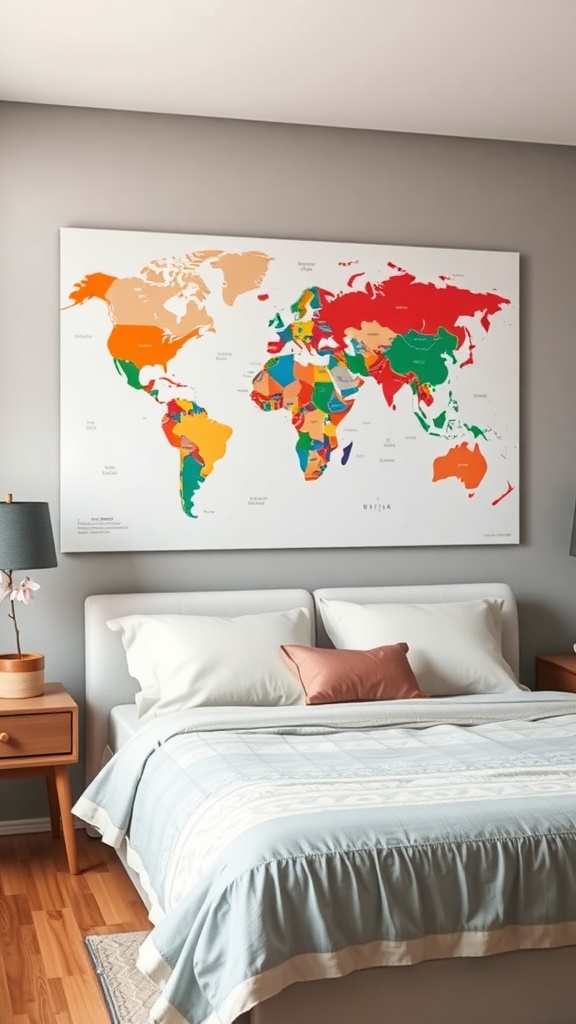 A colorful world map art piece on a dorm wall, featuring various countries in bright colors.