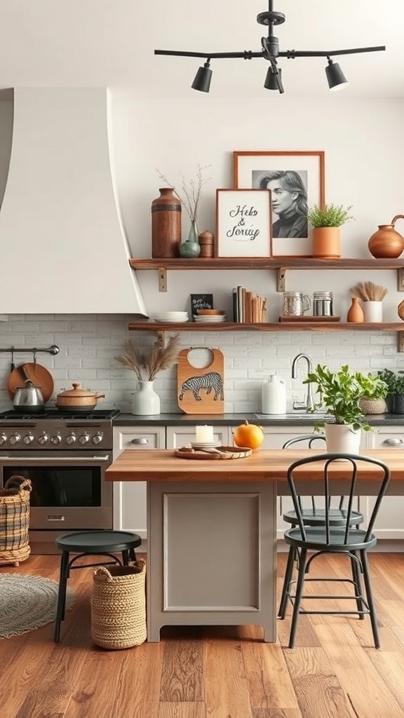 A modern rustic kitchen featuring open shelves with decor, a wooden countertop, and a cozy atmosphere.