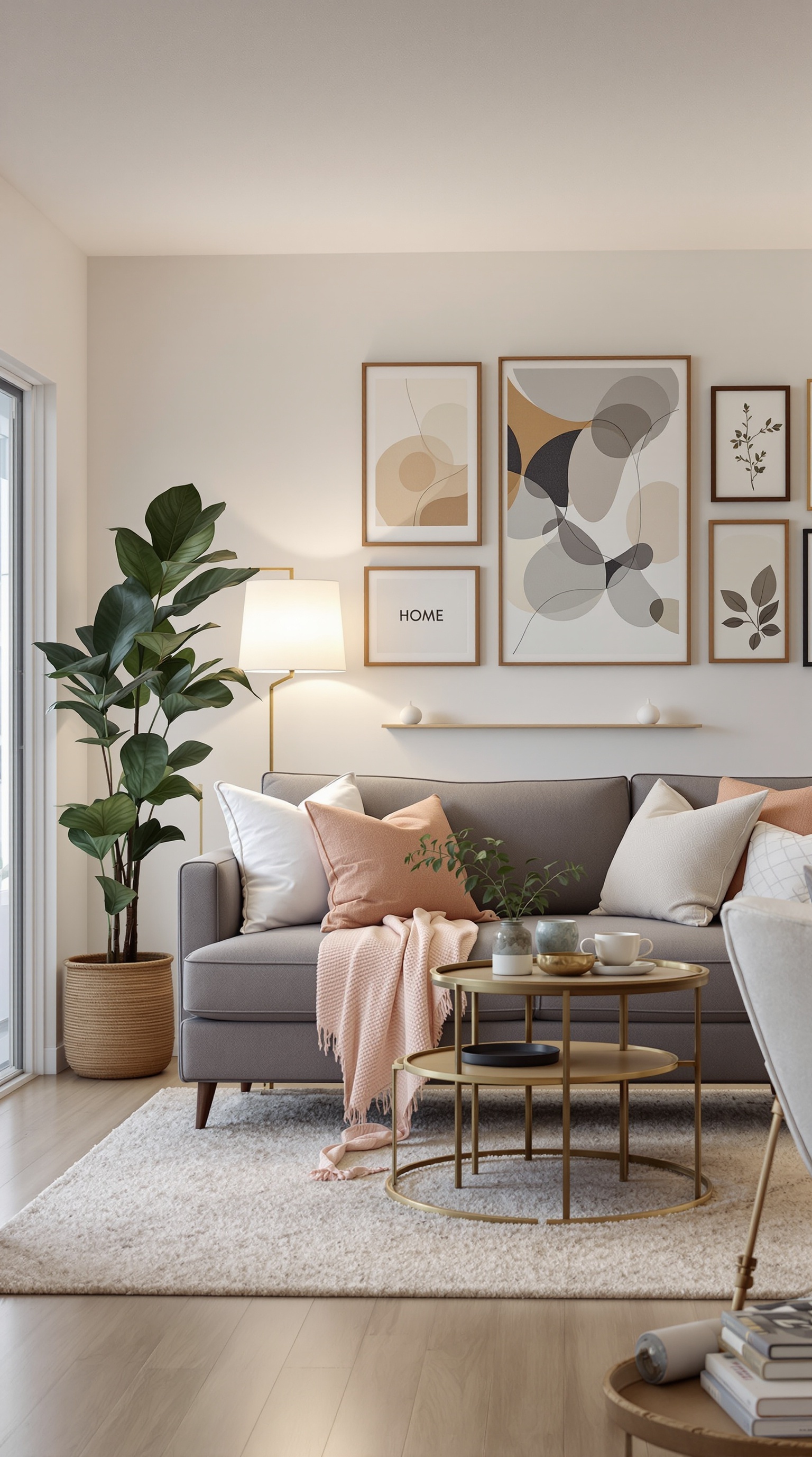 Cozy basement family room with abstract wall art and a leafy plant.