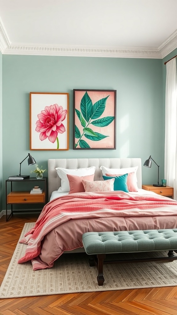 A stylish bedroom with pink and green artwork, featuring a pink flower and green leaves on the wall.