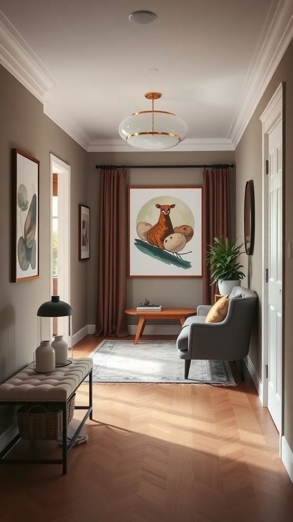 A cozy entryway with artwork, a plant, and stylish decor.