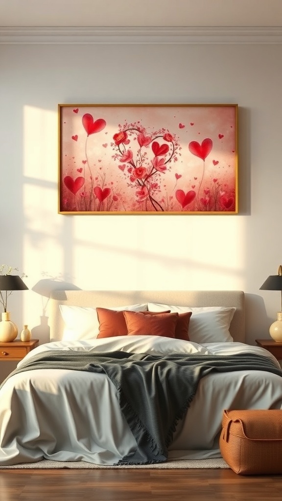 A romantic bedroom with a heart-themed artwork above the bed, featuring flowers and hearts in warm colors.