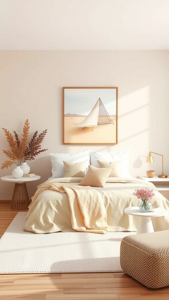 A cozy beige bedroom with a sailboat artwork on the wall, featuring soft bedding and natural decor.