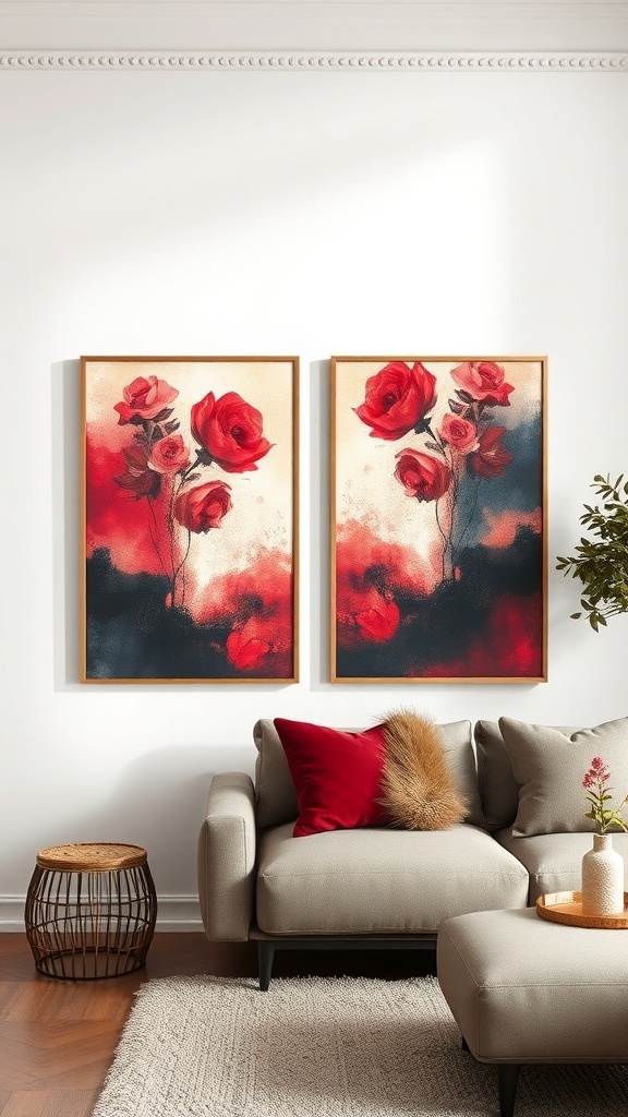 Two paintings of red roses on a wall in a cozy living space