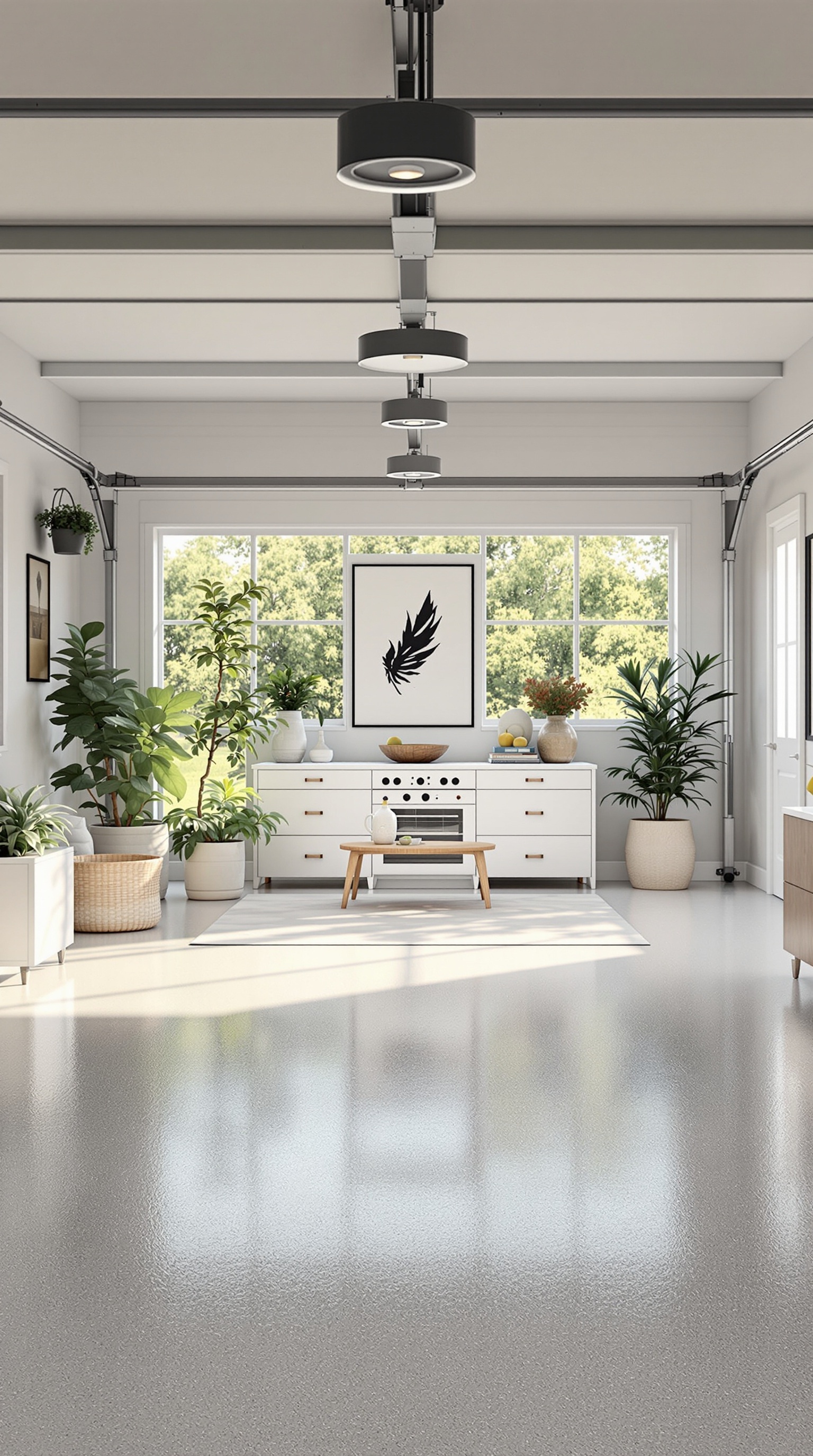 A bright and inviting garage converted into a family room with plants, a white cabinet, and large windows.